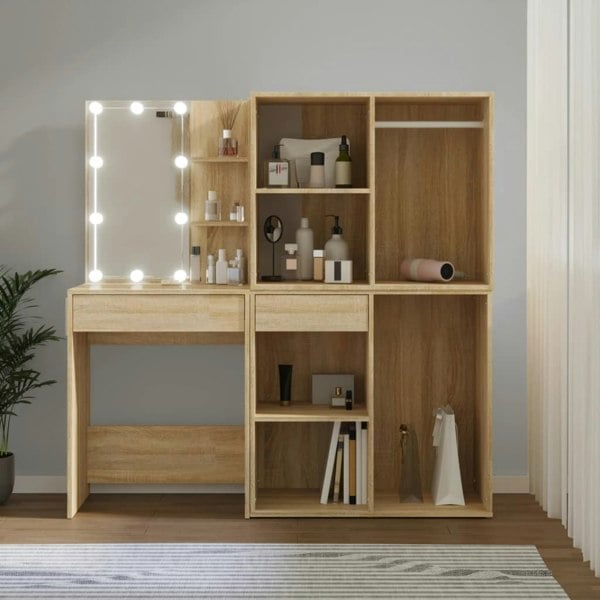 Berkfield LED Dressing Table with 2 Cabinets Sonoma Oak Engineered Wood