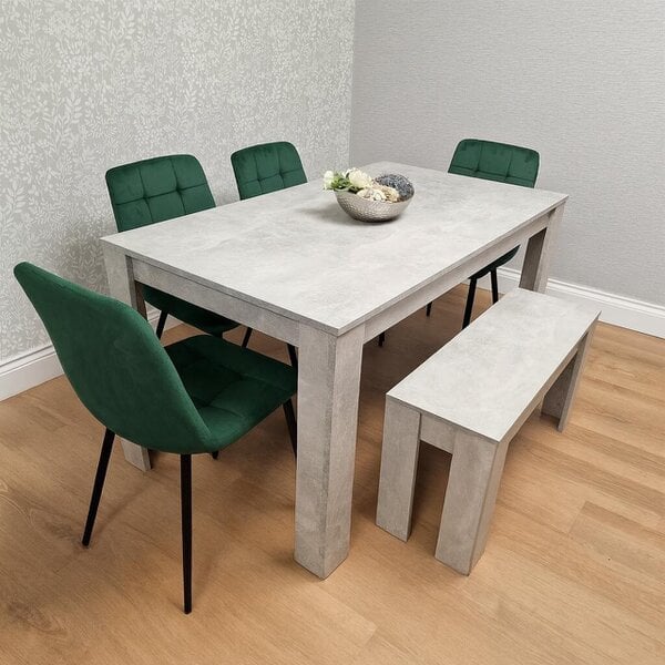 Kosy Koala Wooden Grey Dining Table Set with 4 Grey Velvet Chairs and 1 Grey Bench - Dining Room Furniture - Table + 4 green chairs + stone grey benche - 140cm (L) x 80cm (W)