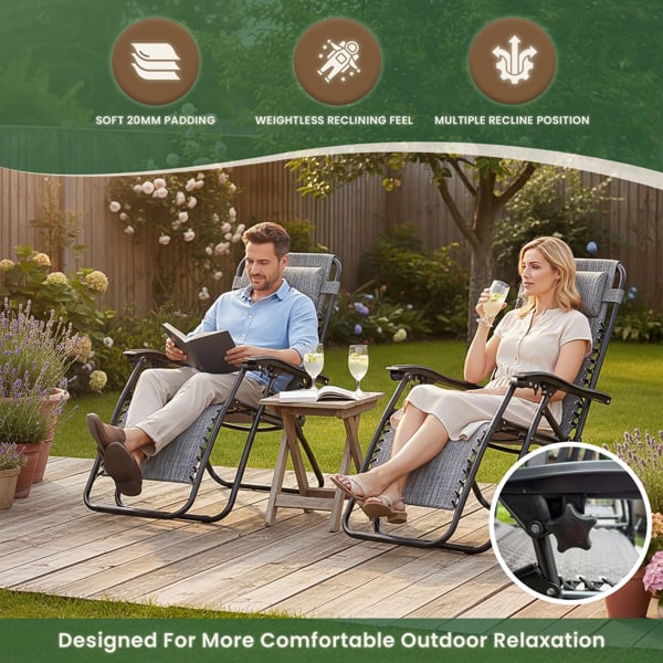 Padded Anti-Gravity Recliner Garden Chairs Grey 2pc