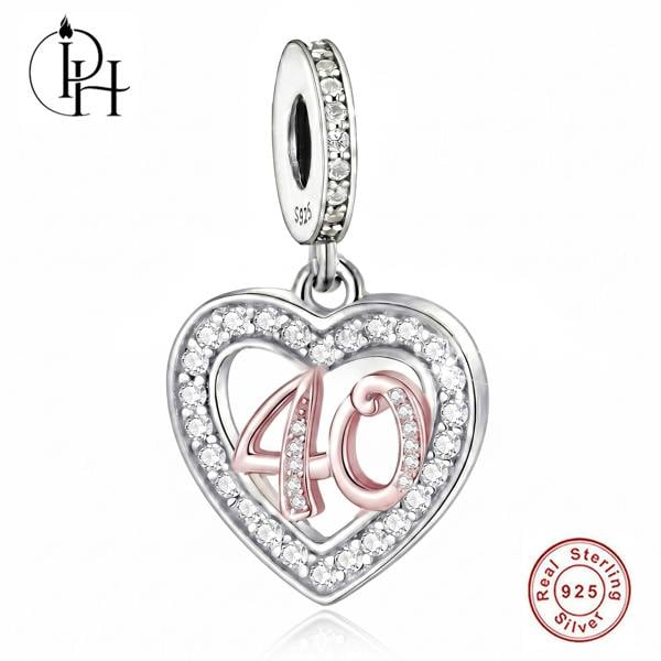Parus Home 40th Birthday Charm Pandora Compatible 925 Sterling Silver Heart Dangle, Bracelet Gift for Her