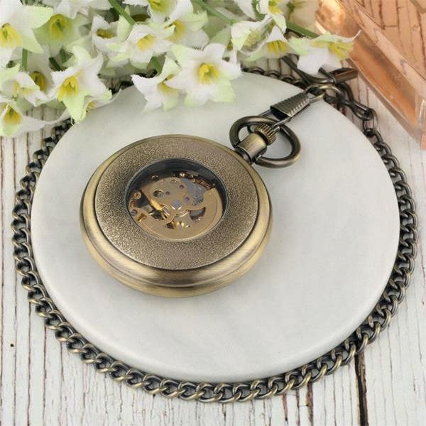 Infinity Leather Mechanical Bronze Skeleton Antique Open Face Pocket Watch