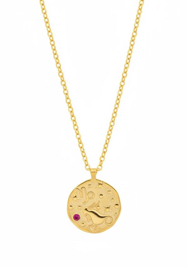Gold necklace with a round pendant featuring a zodiac sign and a red gemstone on a white background.