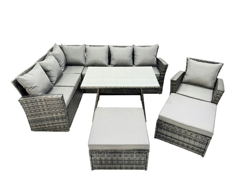 Fimous 9 Seat Rattan High Back Corner Sofa Set Patio Dining Table Set with Big Stool Dark Grey Mixed