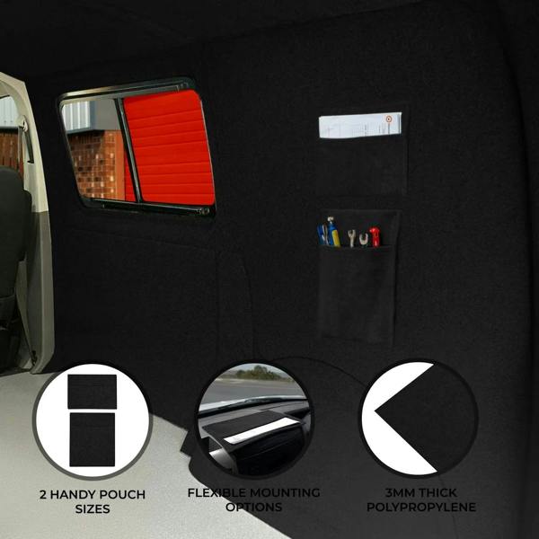 Black storage pouches made of 3mm thick polypropylene, featuring two sizes and flexible mounting options for easy organization