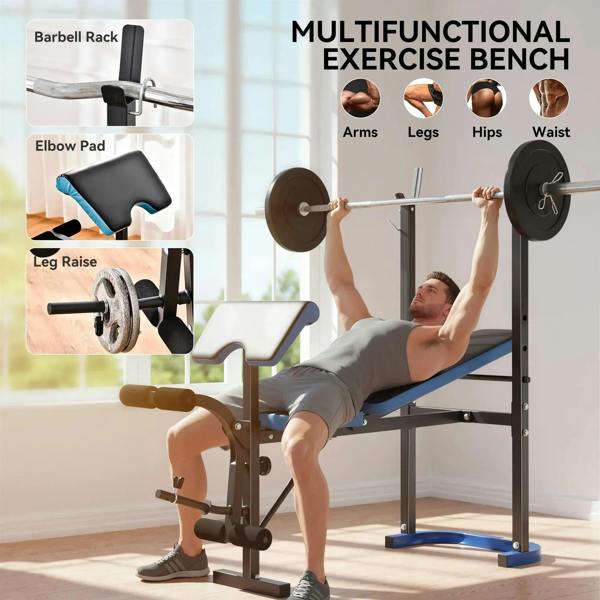 Multifunctional weight bench with blue-edged black pads, barbell rack and leg developer