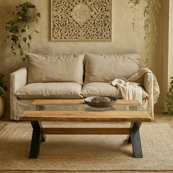 Wyld Haus Vouvant Live Edge  Light Acacia Wood and Glass Coffee Table