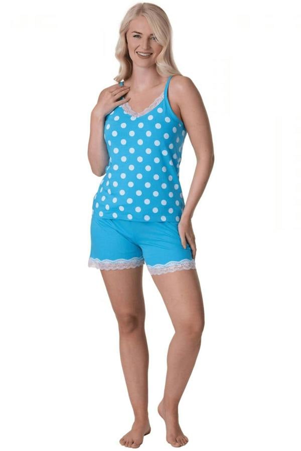 Women's Lightweight Spot Printed Cotton Sleeveless Top Pyjama Set with Elasticated Waist and Lace Detailing