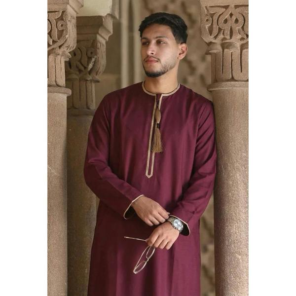 TT-003 - Men's Wine Emirati Omani Tassel Embroidery Thobe - Thobez - 2