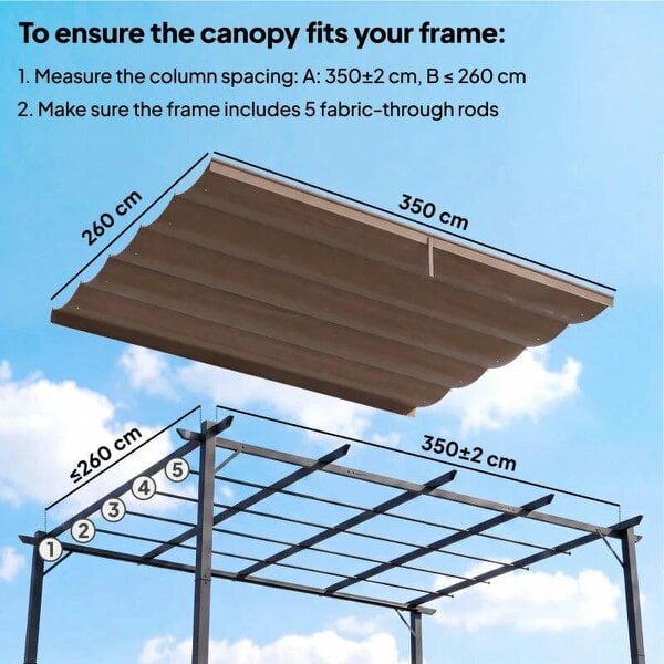 Retractable Pergola Cover, 3.5 x 2.6 m Replacement Canopy Fabric for 4 x 3 m Frame, Roof Top Only, Brown