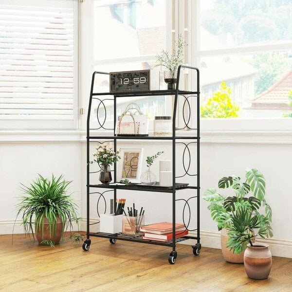 Bobobiy 4-Tier Metal Plant Stand, Heavy Duty Ladder Shelf Potted Plants Display Rack with Lockable Wheels