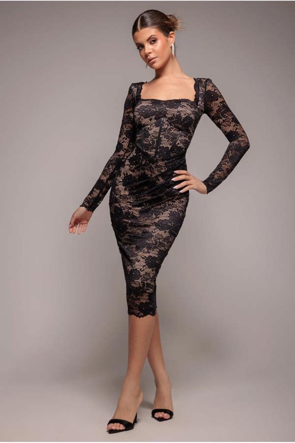 Scalloped Lace Corset Bodice Midi Dress - Black DR4526