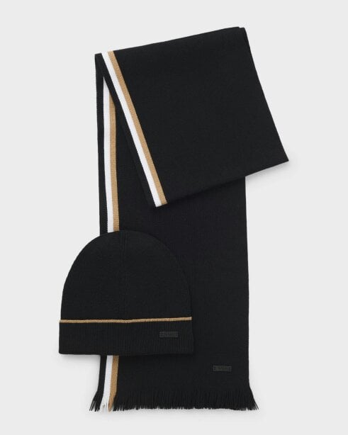 BOSS Orange Henzo Mens Hat and Scarf Gift Set with Stripe Details  - Black 001
