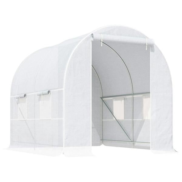 White arched walk-in greenhouse with mesh windows and front door on metal frame