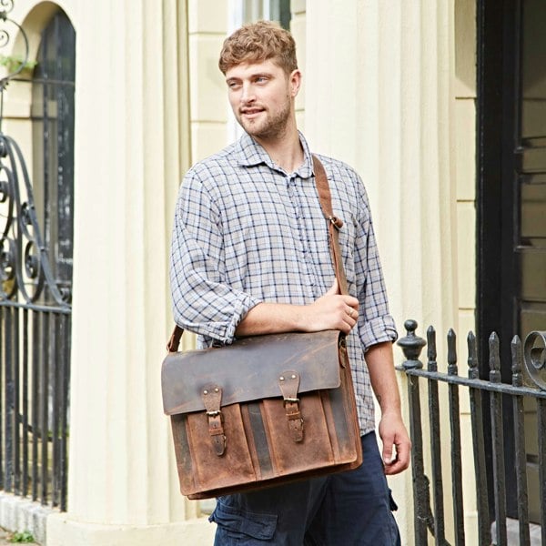 Paper High Brown Buffalo Leather Satchel Style Briefcase