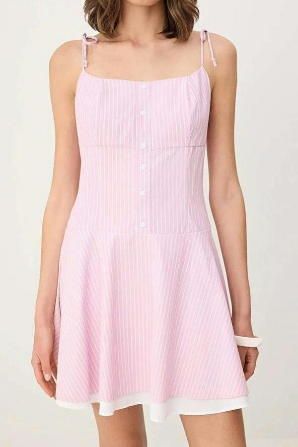 WOVCOR Striped Waist-Fronted Woven Mini Dress