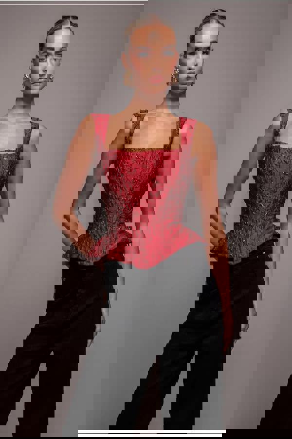 Sleeveless Jacquard Lace Up Back Corset - Red T265