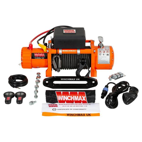 Winchmax 13,500lb (6,123kg) 12V Winch 25m x 10mm Armourline Rope, Remotes