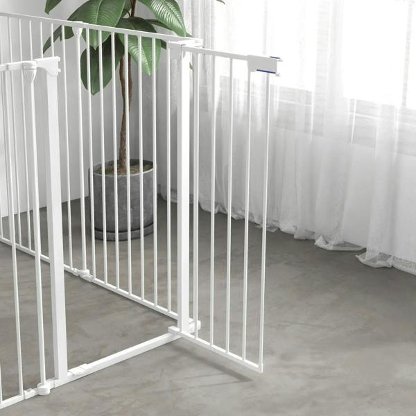 White foldable dog playpen corner view with vertical bars and front gate