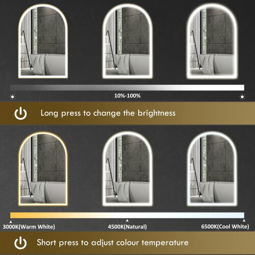 HOMCOM 90x60cm LED Bathroom Mirror, Anti-Fog Arched Vanity Mirror, Gold Tone