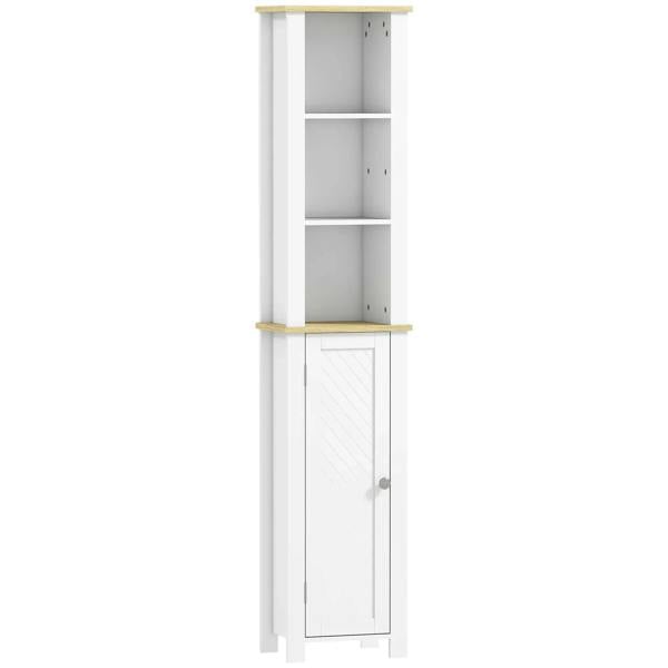White slim bathroom storage cabinet with open shelves and lower cabinet door