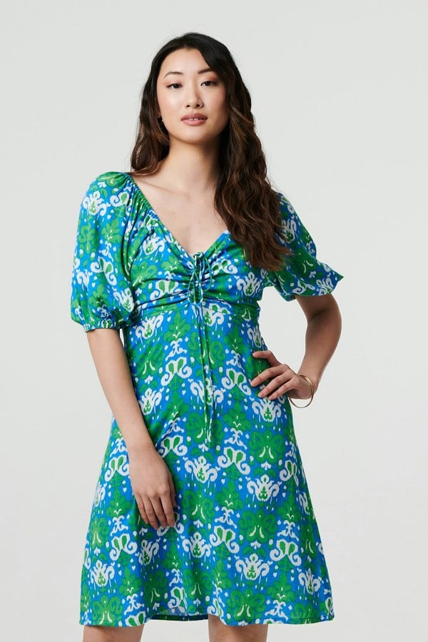 Green | Printed Tie Bardot Neck Short Dress
