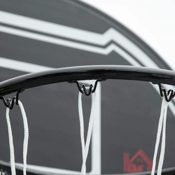 Black basketball rim and hooks with hanging net, close-up