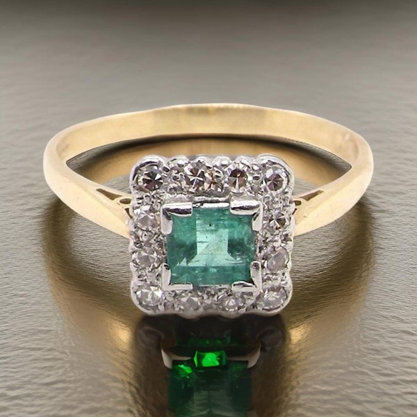 Vintage Tom A vintage square Emerald and diamond cluster ring