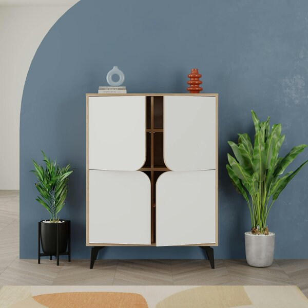 Decortie Modern Spark Cabinet 4-Doors Storage Engineered Wood Display Unit with Black Metal Legs 90(W)cm Oak