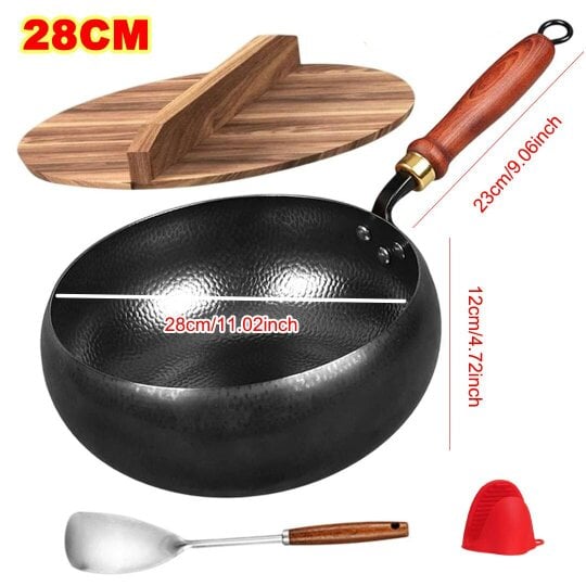 Havendro Uncoated Cast Iron Pot Wok Wooden Lid Handle Anti-Splatter Pan Soup Stock Pots
