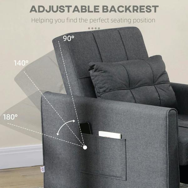 Grey chair bed with adjustable backrest at multiple positions, padded headrest