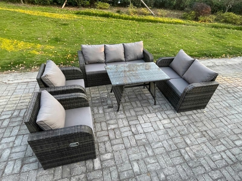 Fimous 7 Seater High Back PE Rattan Sofa Set Outdoor Garden Furniture Dining Table Set With Reclining Chair 3 Seater Sofa Love Sofa
