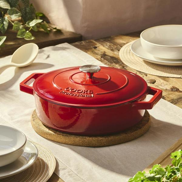 Cooks Professional 28cm Shallow Cast Iron Casserole | Red