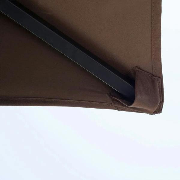 Brown canopy corner with stitched fabric edge and dark metal support bar