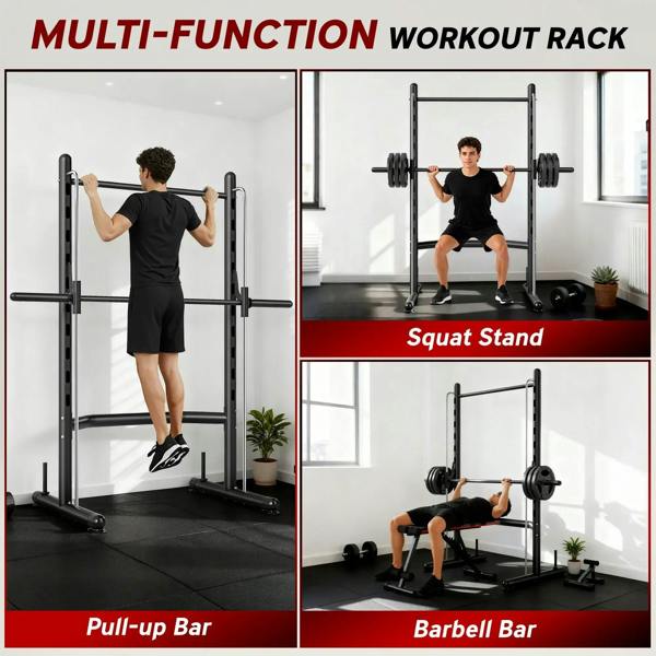 Black multifunction workout rack with pull-up bar and barbell bar for home gym