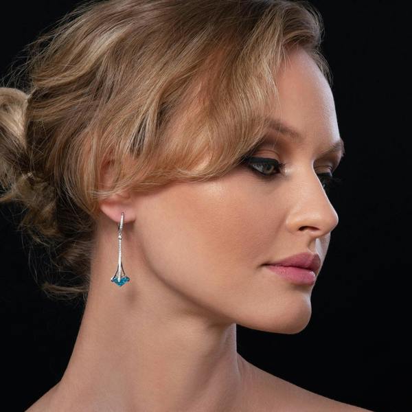 Sterling Silver Long Drop Earrings for Women with Light Blue Stones and Cubic Zirconia Gemstones - namana.london