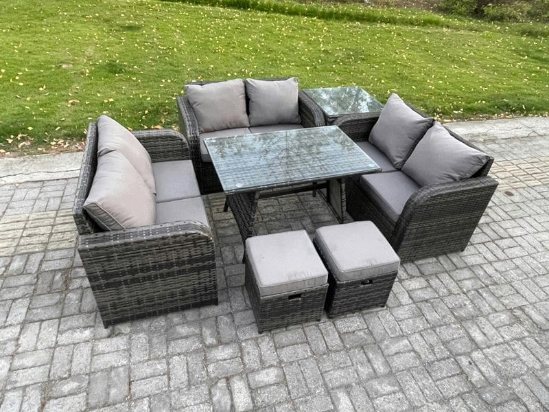 Fimous Rattan Garden Furniture Set 8 Seater Patio Outdoor Love Sofa Set with Rectangular Dining Table Side Table 2 Small Footstools Dark Grey Mixed