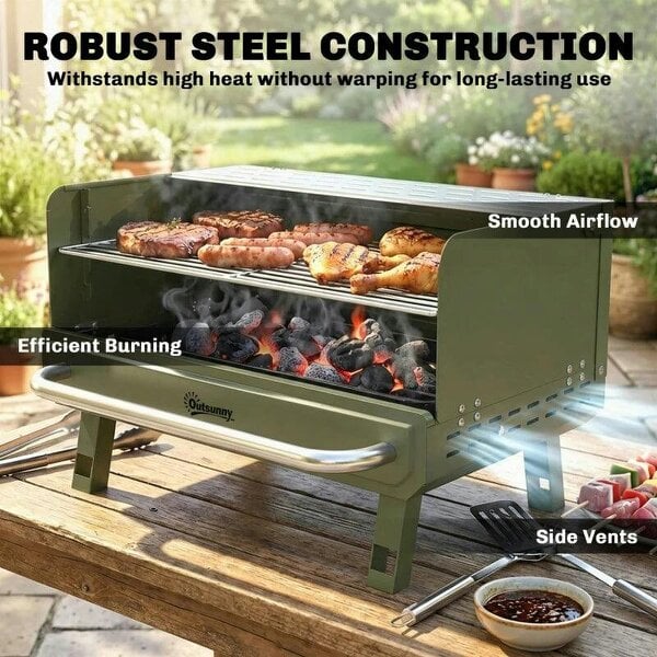 Bobobiy Portable BBQ Grill, Charcoal Barbecue Grill with Adjustable Grates, Foldable Legs, Side Shelf for Camping Travel, Green