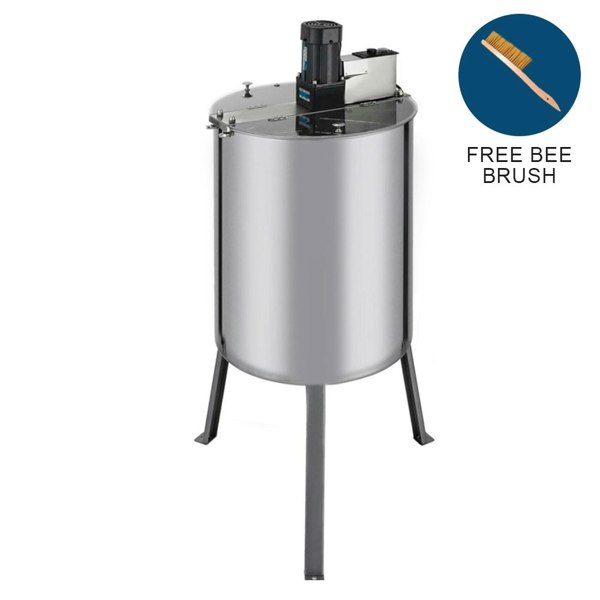 Electric honey extractor with stainless steel body, motor on top, and sturdy legs, includes a free bee brush for easy use
