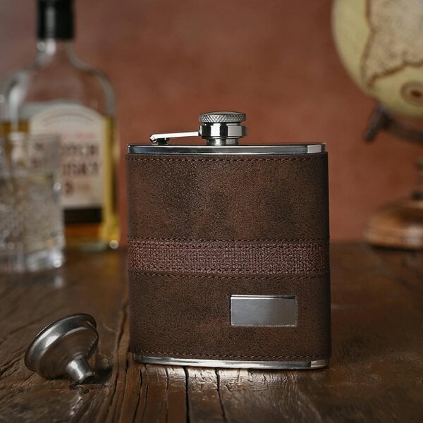 Harvey Makin 6oz Dark Brown PU Wrapped Stainless Steel Flask Set with Funnel