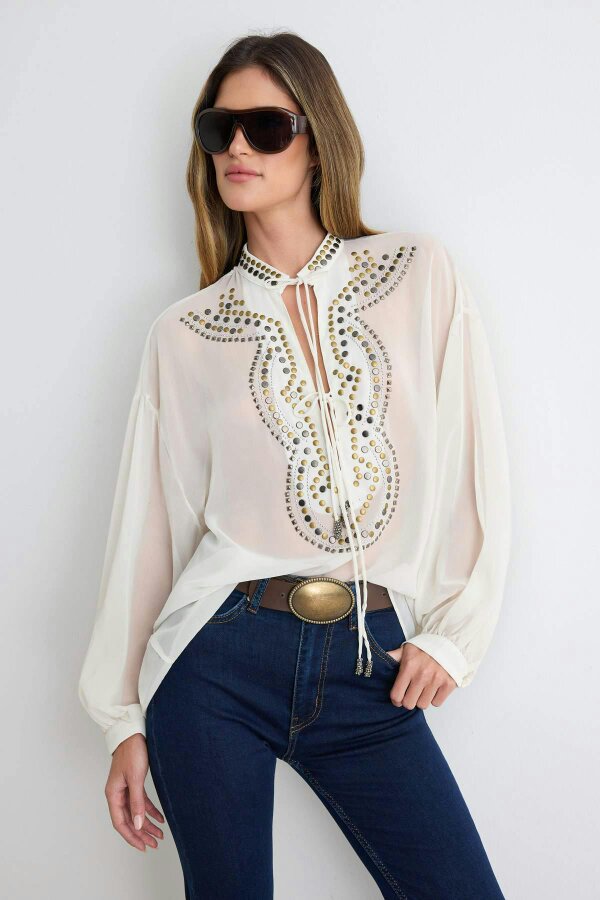 WOVCOR V Neck Drop Shoulder Embellished Crepe Blouse