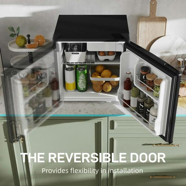 Black mini fridge with reversible door open, showing chiller box and ice box