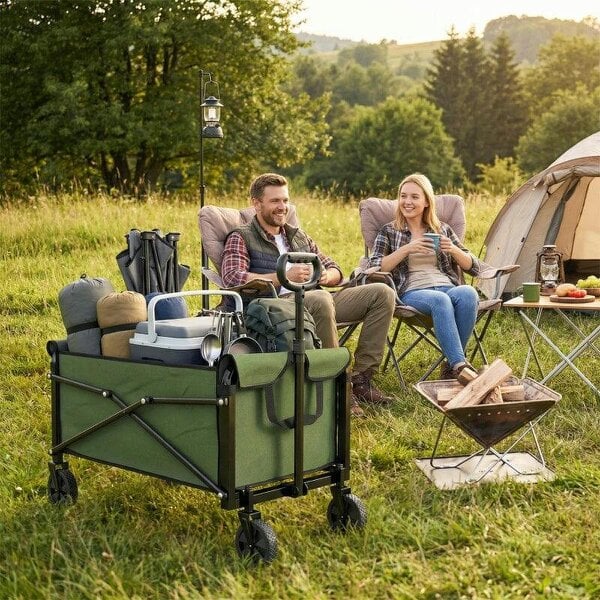 Bobobiy 81L Festival Trolley on Wheels, Compact Garden Folding Trolley Cart with Adjustable Handle 80L Green