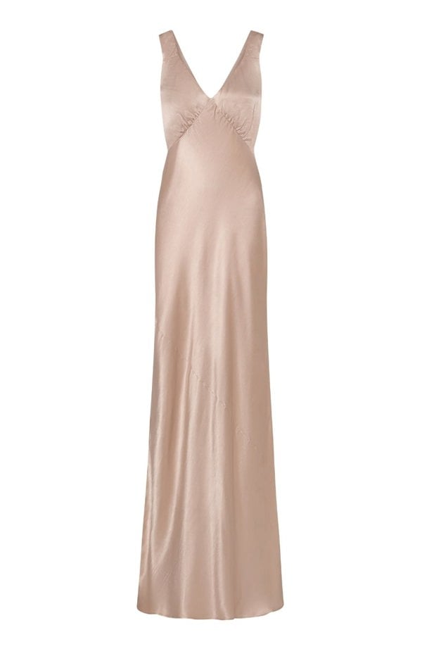 Rewritten London Amelia Dress in Champagne Satin