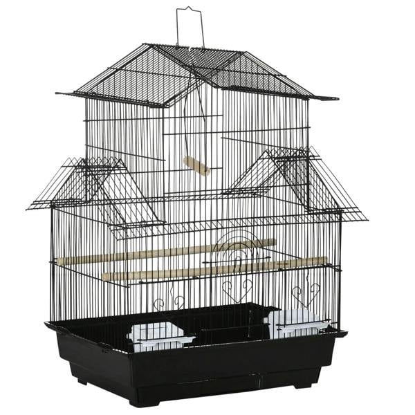 Black metal bird cage with plastic swing perch and bottom tray