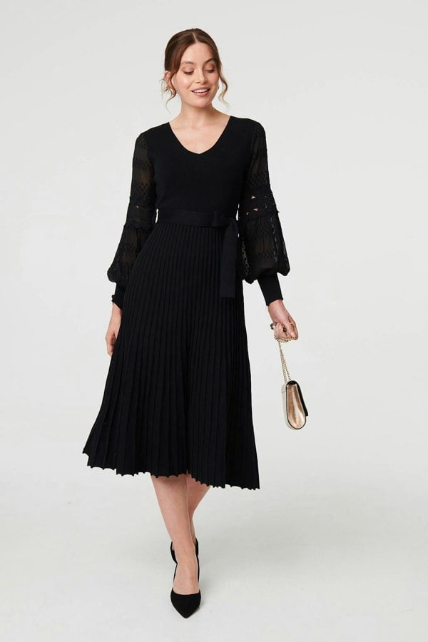 Black | Pleated Lace Puff Sleeve Midi Dress
