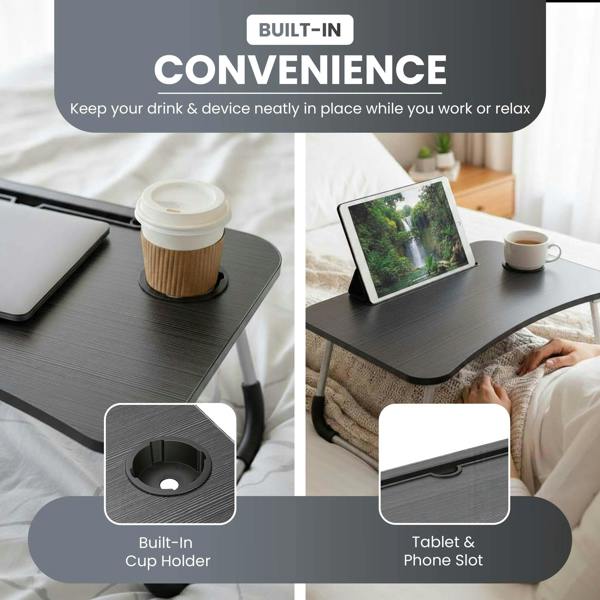 LKH HOME COLLECTION Foldable Laptop Table with Tablet Holding Slot - 60×40×28 cm Portable Bed Tray with Drink Holder, for Bed, Sofa & Desk