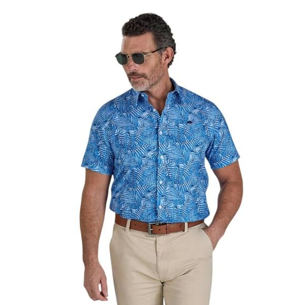 Raging Bull Mens Bali Palm Linen Short-Sleeved Shirt - Sky Blue - 
