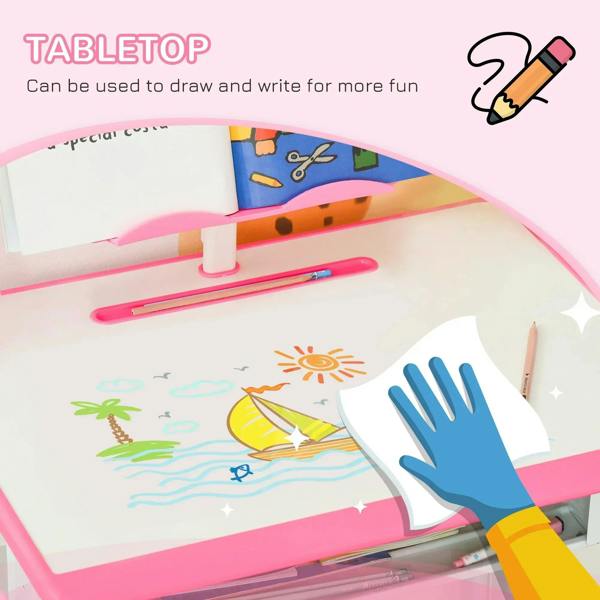 Pink desk tabletop with white frame and attached book stand support for kids.