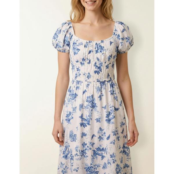 Blue Vanilla Off The Shoulder Puff Sleeve Shirred Print Dress