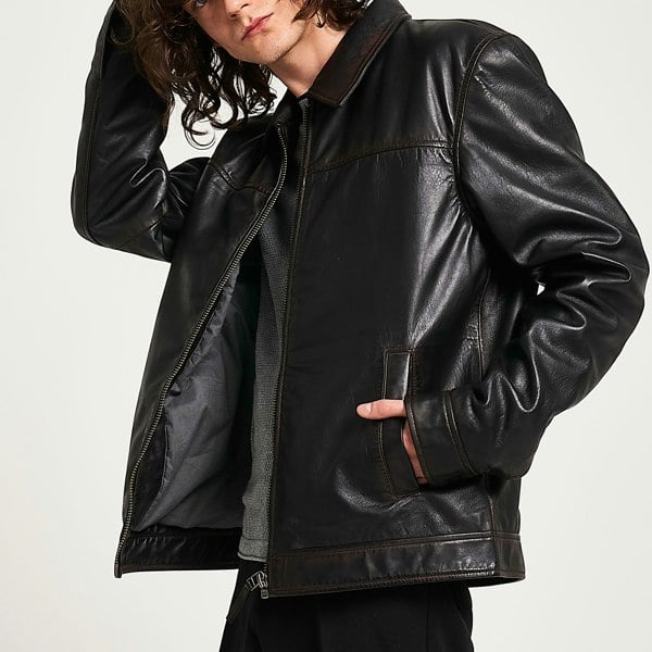 Barneys Originals Men's Washed Leather Harrington Jacket